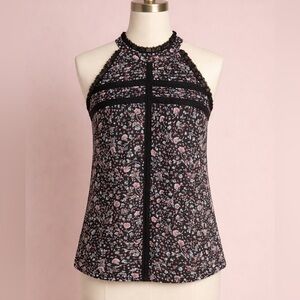 Maeve Halter Top Womens Size Small Black Floral Print Lace Accent